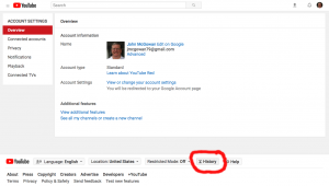 My YouTube Settings Overview Page with History Button Circled