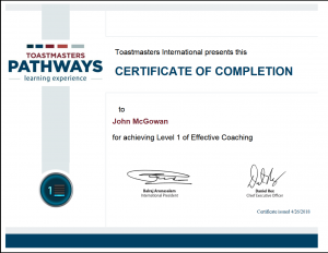 Toastmasters Pathways Level 1 Effective Coaching Certificate of Completion