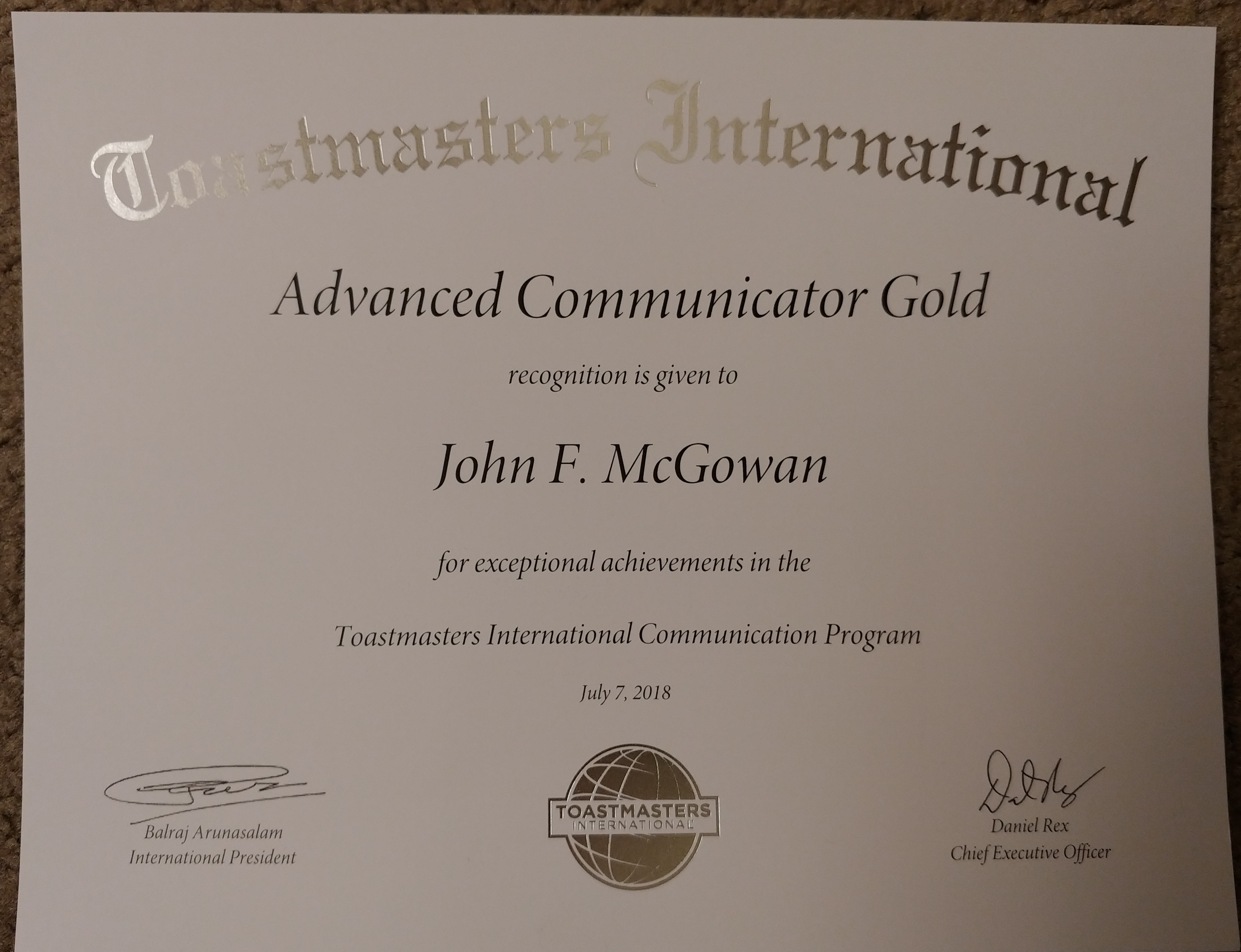 Advanced Communicator Gold (ACG) Certificate from Toastmasters International